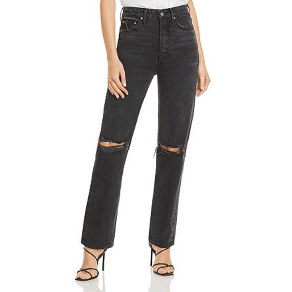 New GRLFRND Mica Distressed High-rise Straight-leg Jeans Black Size 26